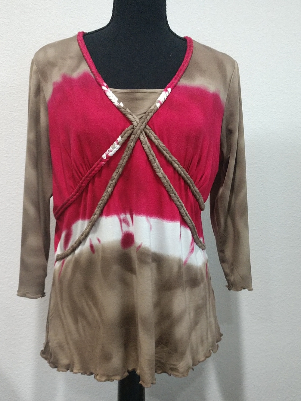 Christopher & Banks Red and Brown Tie-Dye V-Neck Top with Braided Detail
